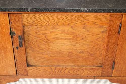A wonderful vintage solid Oak wash stand with a black marble top and tiled splash back - stunning!