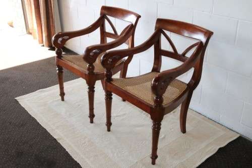 Two amazing vintage solid Teak rattan-seat "Colonial Style" armchairs/ carvers - stunning!