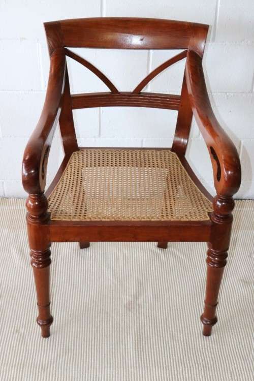 Two amazing vintage solid Teak rattan-seat "Colonial Style" armchairs/ carvers - stunning!