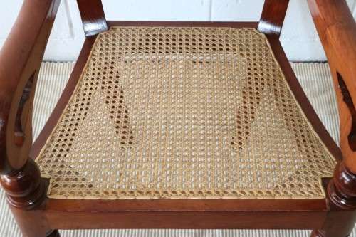 Two amazing vintage solid Teak rattan-seat "Colonial Style" armchairs/ carvers - stunning!