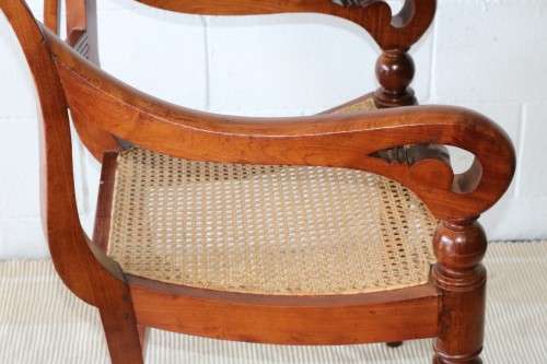 Two amazing vintage solid Teak rattan-seat "Colonial Style" armchairs/ carvers - stunning!