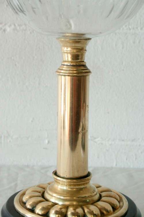 **RS17_Clearance** Antique "Duplex" Metalix double-wick brass table Kerosene lamp with crystal bowl