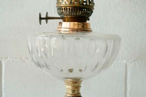 **RS17_Clearance** Antique "Duplex" Metalix double-wick brass table Kerosene lamp with crystal bowl