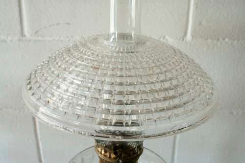 **RS17_Clearance** Antique "Duplex" Metalix double-wick brass table Kerosene lamp with crystal bowl