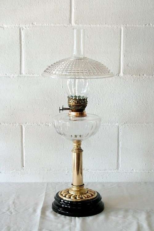 **RS17_Clearance** Antique "Duplex" Metalix double-wick brass table Kerosene lamp with crystal bowl