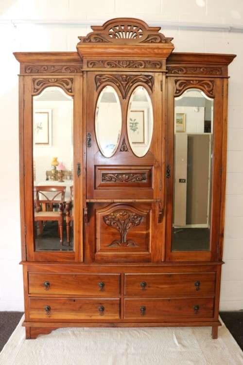 **RS17_Clearance** Victorian hand carved Art Nouveau (c1890) large walnut "Armoire" wardrobe