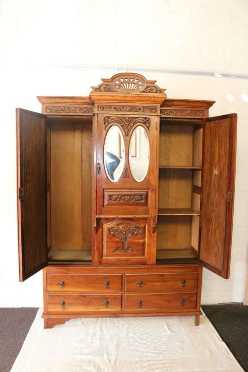 **RS17_Clearance** Victorian hand carved Art Nouveau (c1890) large walnut "Armoire" wardrobe