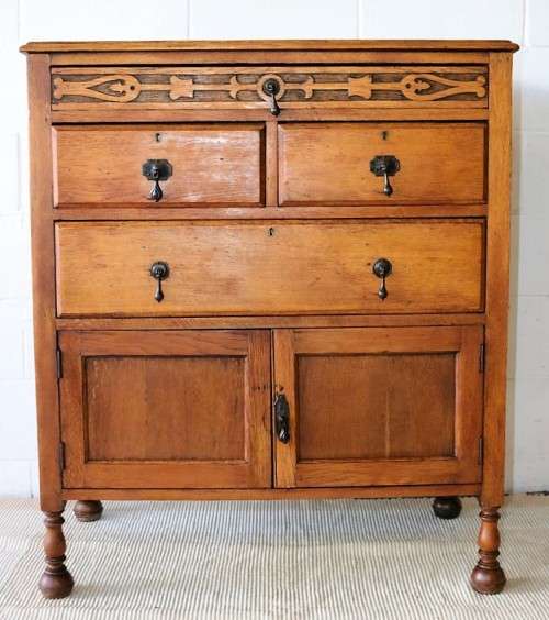 A wonderful vintage four-drawer "Belweb" Oak tallboy chest of drawers w/ ornate carvings - awesome!