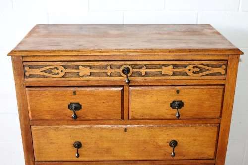 A wonderful vintage four-drawer "Belweb" Oak tallboy chest of drawers w/ ornate carvings - awesome!
