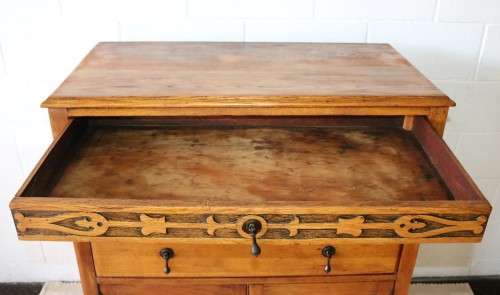 A wonderful vintage four-drawer "Belweb" Oak tallboy chest of drawers w/ ornate carvings - awesome!