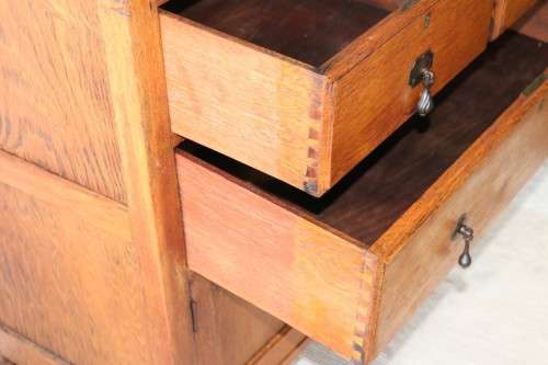 A wonderful vintage four-drawer "Belweb" Oak tallboy chest of drawers w/ ornate carvings - awesome!