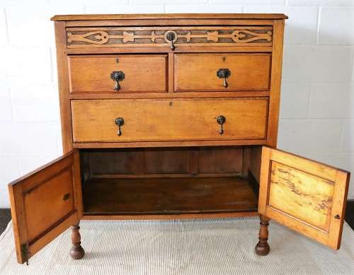 A wonderful vintage four-drawer "Belweb" Oak tallboy chest of drawers w/ ornate carvings - awesome!