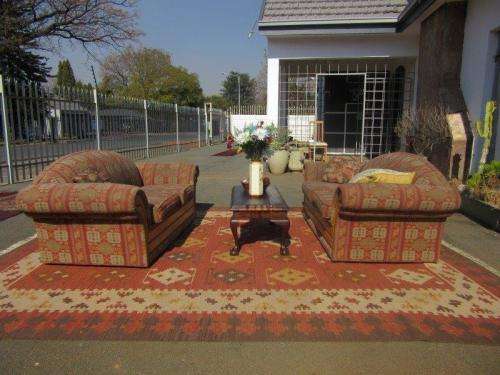 2x two-seater Oak-finished lounge sofas/ couches - perfect for a living room - stunning!