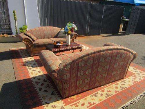 2x two-seater Oak-finished lounge sofas/ couches - perfect for a living room - stunning!