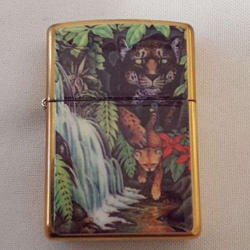 An awesome "Mysteries of the Forest" Jaguar & Cub at Turtle Falls ZIPPO lighter in its tin