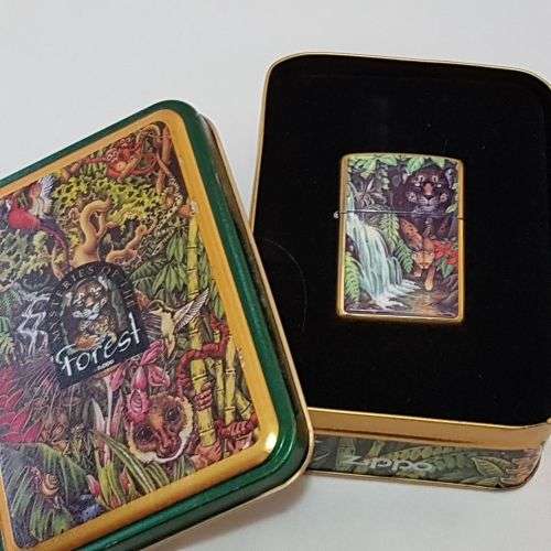 An awesome "Mysteries of the Forest" Jaguar & Cub at Turtle Falls ZIPPO lighter in its tin