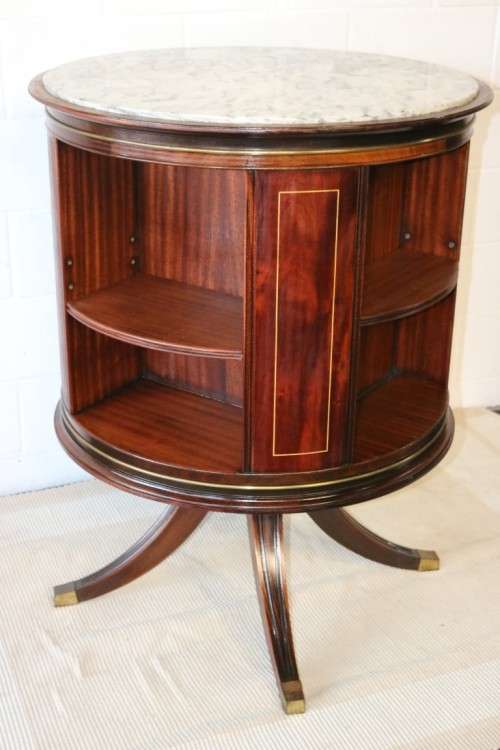 An superb Edwardian (c1910) Mahogany rotating bookcase w/ a solid marble top & marquetry inlays!!