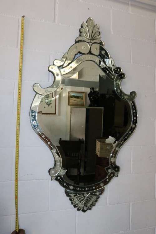 A magnificent LARGE vintage Venetian shield shaped mirror w/ amazing ornate etched detailing - WOW!!