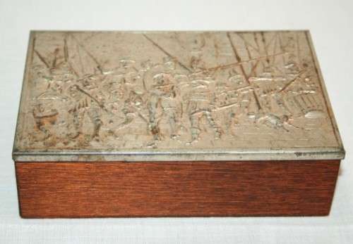 A fabulous vintage Dutch silver metal cigarette box with Rembrandt's "Night Watch" scene on the lid