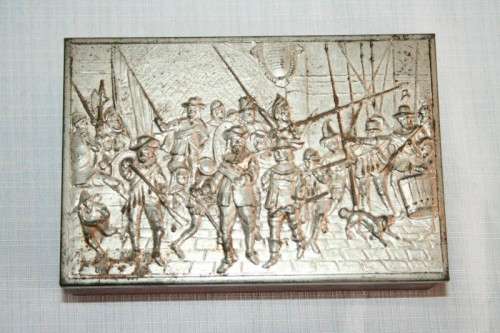 A fabulous vintage Dutch silver metal cigarette box with Rembrandt's "Night Watch" scene on the lid