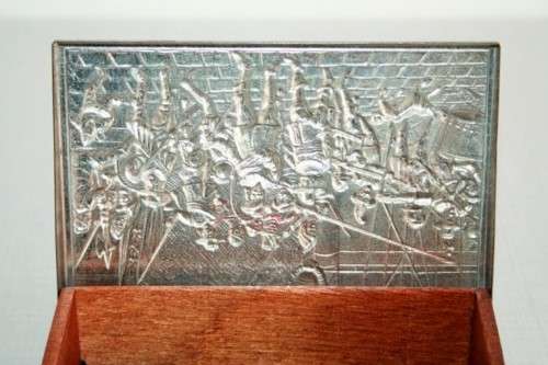 A fabulous vintage Dutch silver metal cigarette box with Rembrandt's "Night Watch" scene on the lid