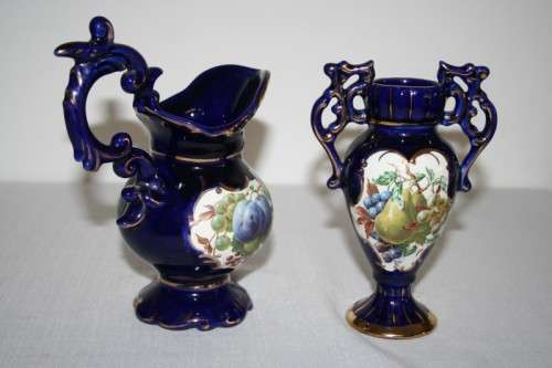 Two gorgeous vintage Portuguese made cobalt blue "Alcobaca" porcelain ornaments