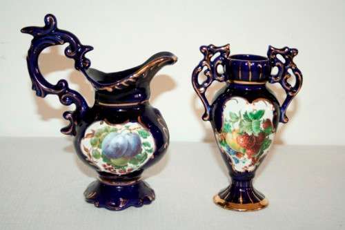 Two gorgeous vintage Portuguese made cobalt blue "Alcobaca" porcelain ornaments