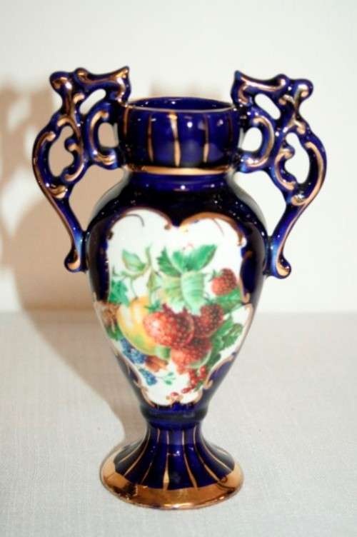 Two gorgeous vintage Portuguese made cobalt blue "Alcobaca" porcelain ornaments