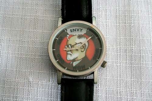 An amazing vintage Tempus-Fugit The Unemployed Philosophers Guild "Sigmund Freud" wrist watch