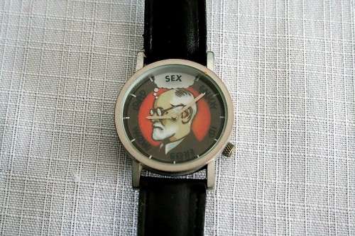 An amazing vintage Tempus-Fugit The Unemployed Philosophers Guild "Sigmund Freud" wrist watch