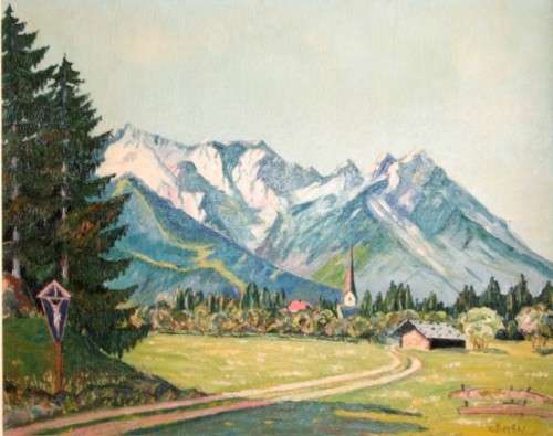 **RS17** A beautiful painted oil landscape painting of a village at the foothills of the Alps