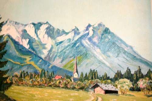 **RS17** A beautiful painted oil landscape painting of a village at the foothills of the Alps