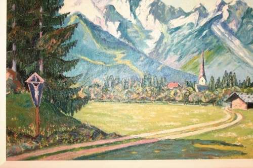 **RS17** A beautiful painted oil landscape painting of a village at the foothills of the Alps