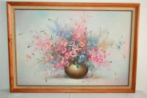 **RS17** A large signed & framed oil on board painting of a bowl of colourful Cosmos flowers