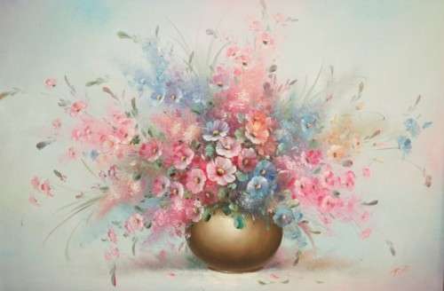 **RS17** A large signed & framed oil on board painting of a bowl of colourful Cosmos flowers