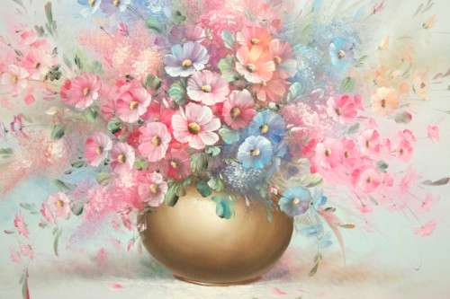 **RS17** A large signed & framed oil on board painting of a bowl of colourful Cosmos flowers