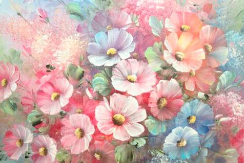 **RS17** A large signed & framed oil on board painting of a bowl of colourful Cosmos flowers