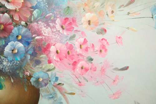 **RS17** A large signed & framed oil on board painting of a bowl of colourful Cosmos flowers