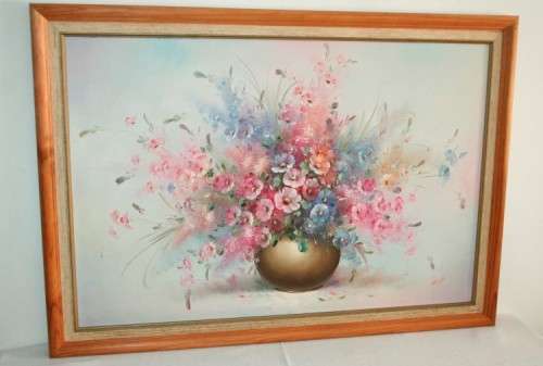 **RS17** A large signed & framed oil on board painting of a bowl of colourful Cosmos flowers