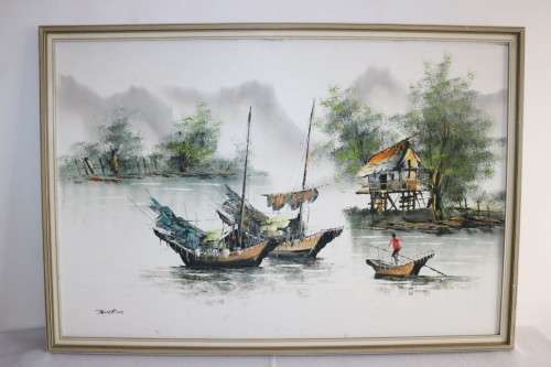 A stunning large original signed "Tang Ping"  framed oil painting of Chinese junk boats - amazing!!
