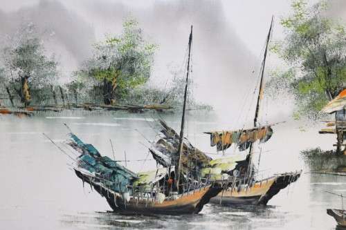 A stunning large original signed "Tang Ping"  framed oil painting of Chinese junk boats - amazing!!