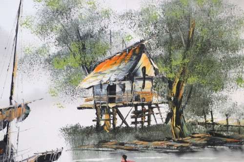 A stunning large original signed "Tang Ping"  framed oil painting of Chinese junk boats - amazing!!
