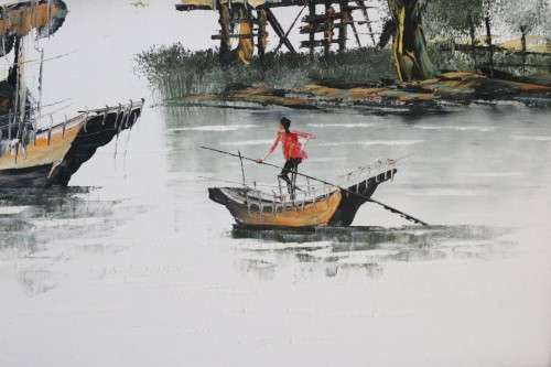 A stunning large original signed "Tang Ping"  framed oil painting of Chinese junk boats - amazing!!
