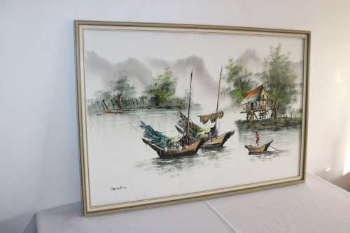 A stunning large original signed "Tang Ping"  framed oil painting of Chinese junk boats - amazing!!