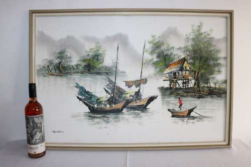 A stunning large original signed "Tang Ping"  framed oil painting of Chinese junk boats - amazing!!