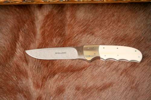 Incredible custom made Mike Skellern Damascus steel & bone handle knife w/ brass embellishments