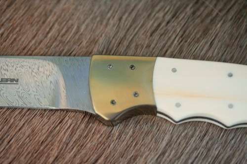 Incredible custom made Mike Skellern Damascus steel & bone handle knife w/ brass embellishments