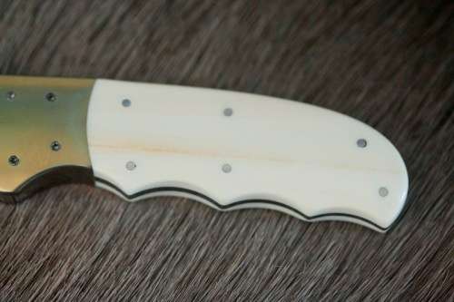 Incredible custom made Mike Skellern Damascus steel & bone handle knife w/ brass embellishments