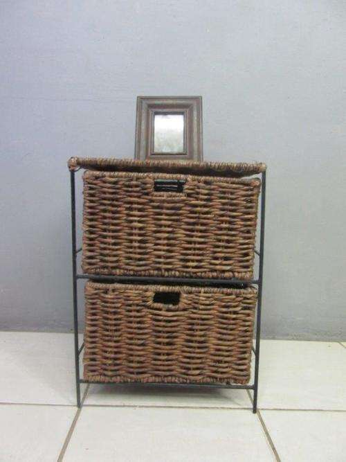 A wonderful metal and wicker pedestal/ bedside cabinet with two basket drawers in good condition!!