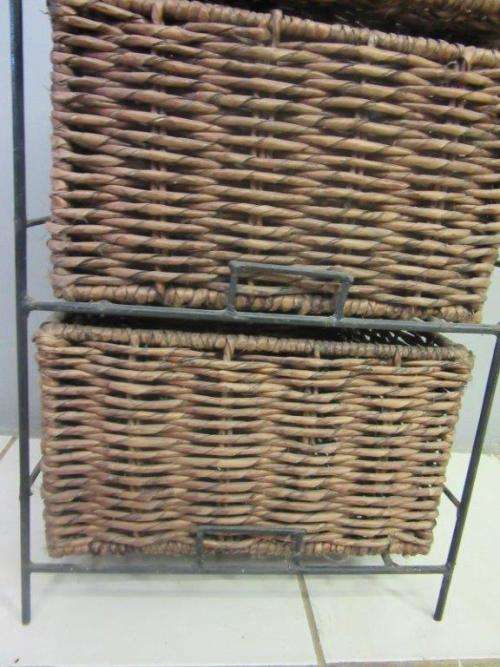 A wonderful metal and wicker pedestal/ bedside cabinet with two basket drawers in good condition!!